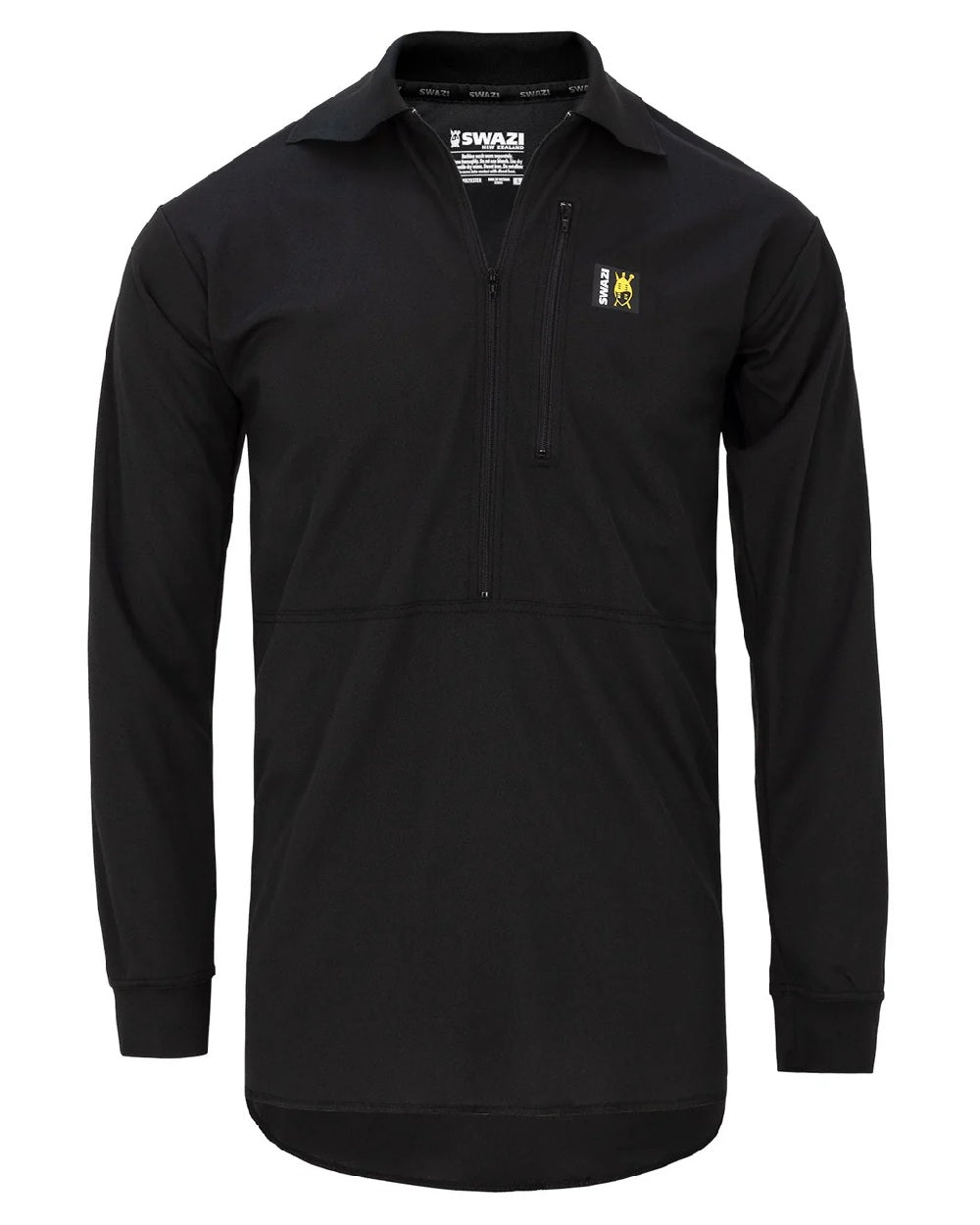 Black coloured Swazi Mens Climb Max Long Sleeve Polo Shirt on white background #colour_black