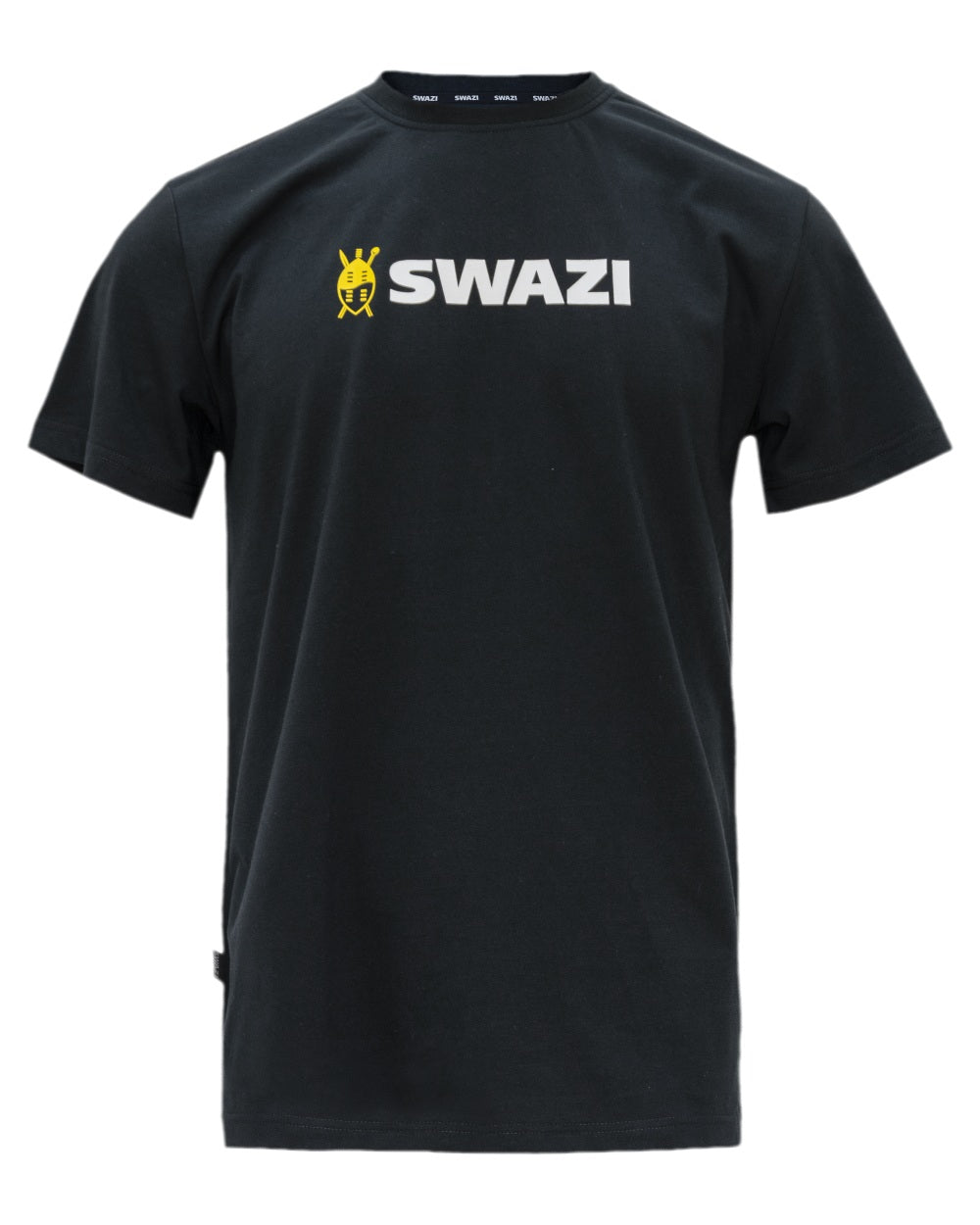 Black Coloured Swazi Tee on white background #colour_black