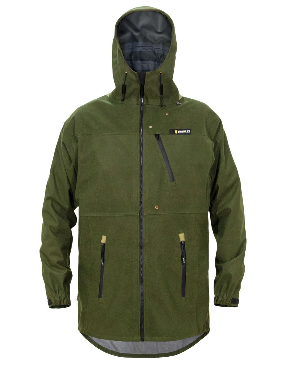 Olive coloured Swazi The Ibex Jacket on white background #colour_olive