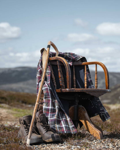 Wine Olive Check Coloured Hoggs of Fife Arran Micro Fleece Lined 100% Cotton Shirt on countryside background #colour_wine-olive-check