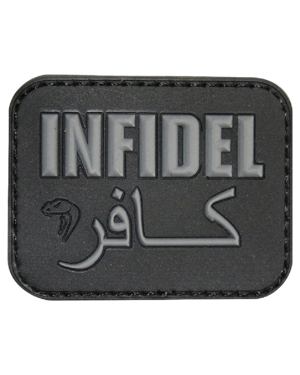 Black Coloured Viper Infidel Morale Rubber Patch on white background #colour_black