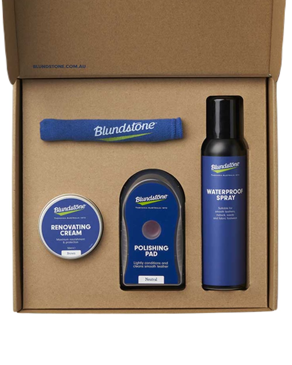 Brown Coloured Blundstone Shoe Care Kit On A White Background #colour_brown
