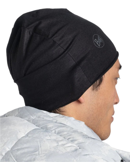 Solid Black Coloured Buff EcoStretch Polar Beanie on white background #colour_solid-black
