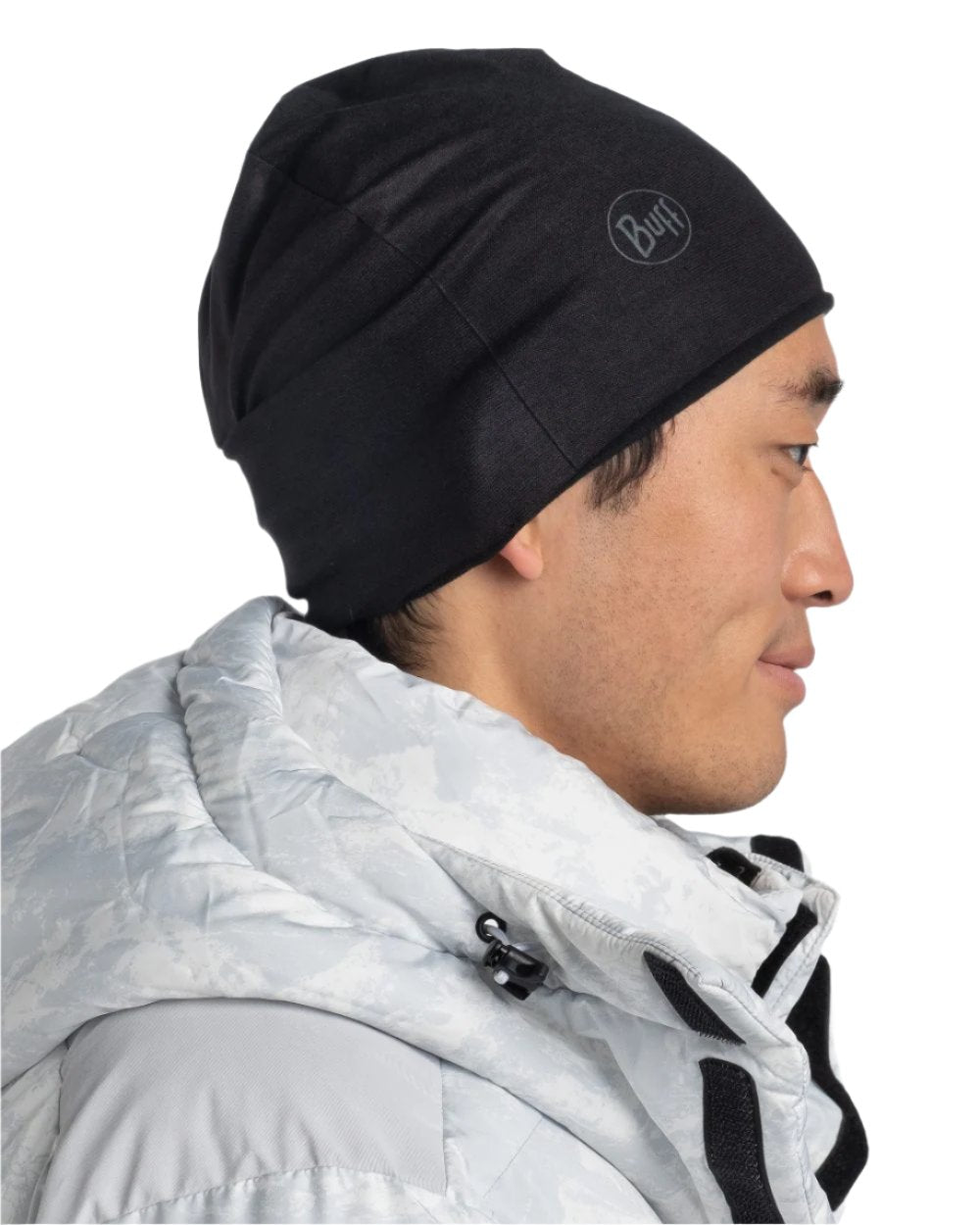 Solid Black Coloured Buff EcoStretch Polar Beanie on white background #colour_solid-black