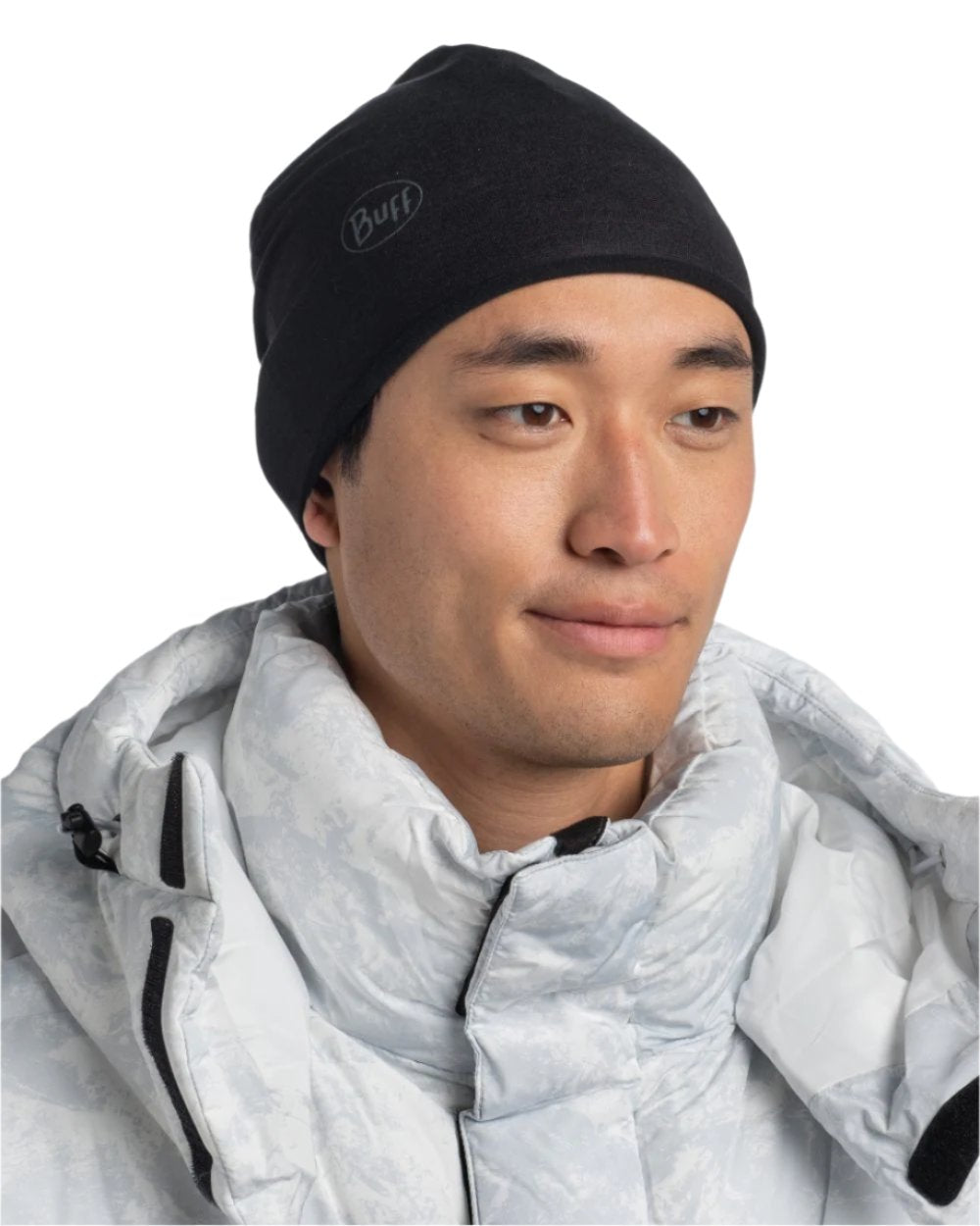 Solid Black Coloured Buff EcoStretch Polar Beanie on white background #colour_solid-black