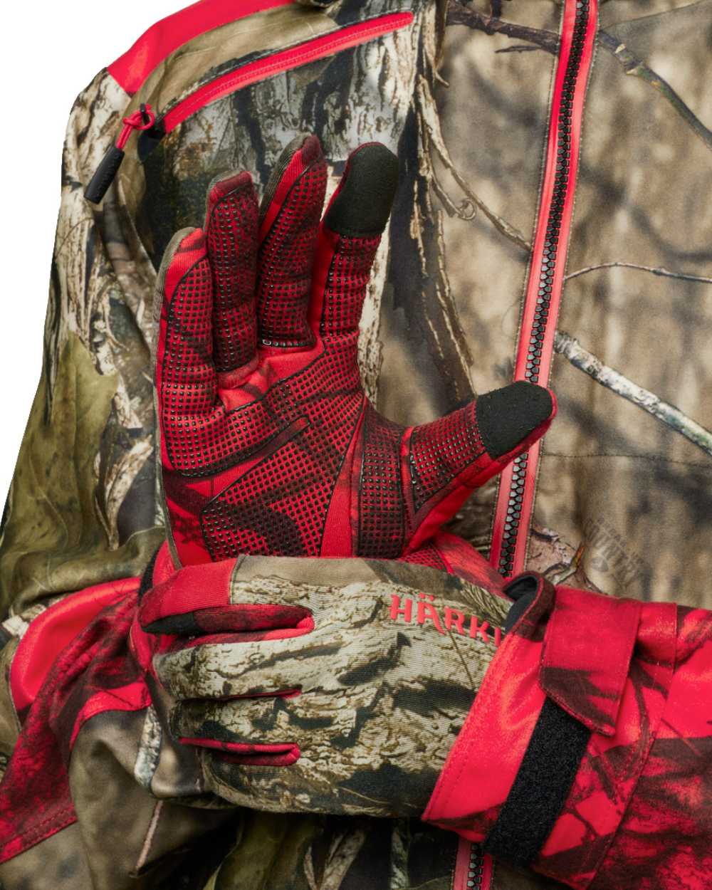 Mossy Oak Break Up Country Mossy Oak Red Coloured Harkila Moose Hunter 2.0 Fleece Gloves on white background #colour_mossy-oak-break-up-country-mossy-oak-red