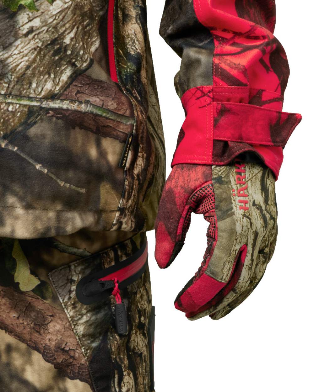 Mossy Oak Break Up Country Mossy Oak Red Coloured Harkila Moose Hunter 2.0 Fleece Gloves on white background #colour_mossy-oak-break-up-country-mossy-oak-red