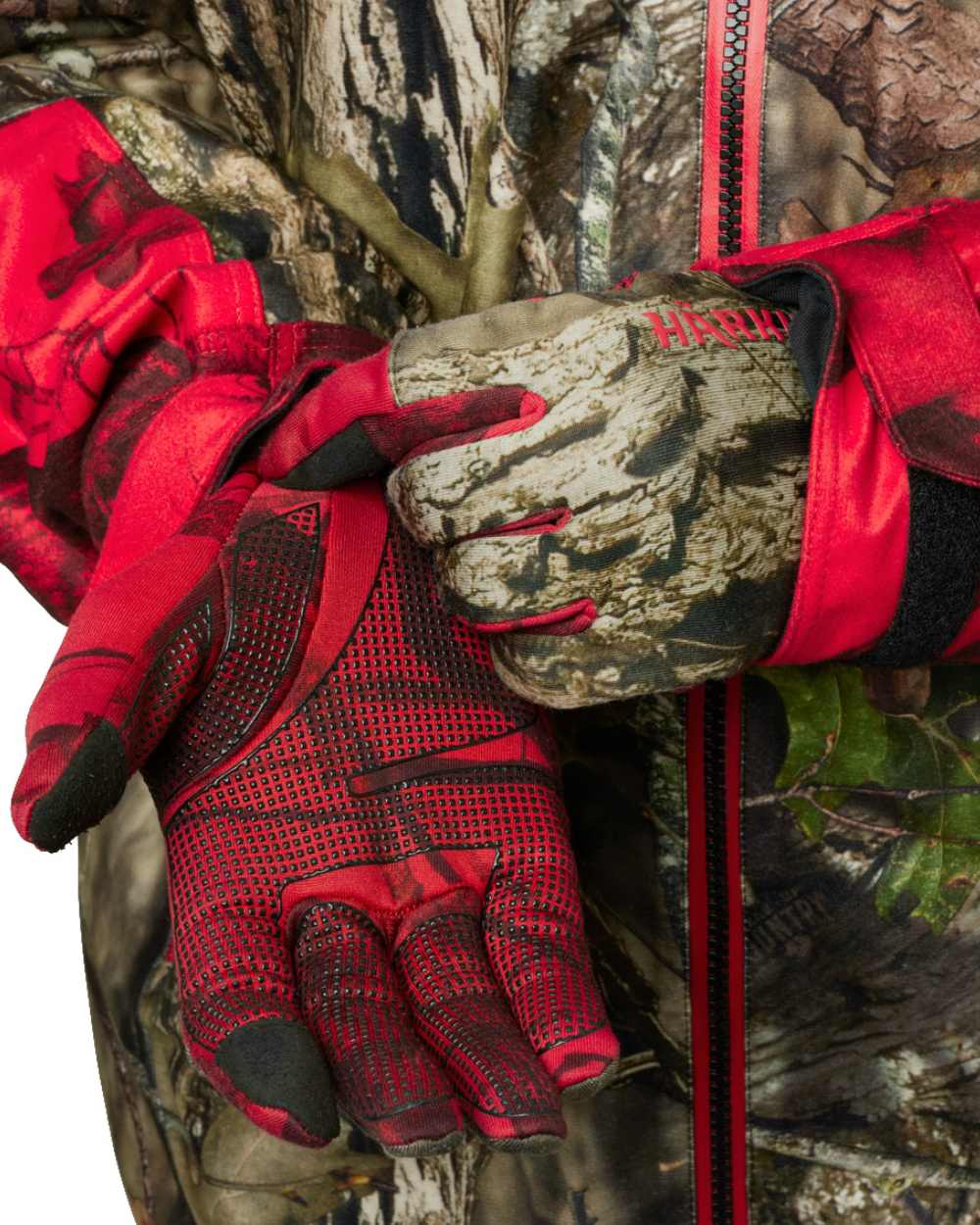 Mossy Oak Break Up Country Mossy Oak Red Coloured Harkila Moose Hunter 2.0 Fleece Gloves on white background #colour_mossy-oak-break-up-country-mossy-oak-red