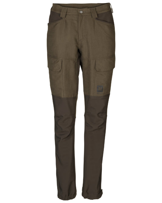 Willow Green Deep Brown Coloured Harkila Womens Scandinavian Pants On A White Background #colour_willow-green-deep-brown