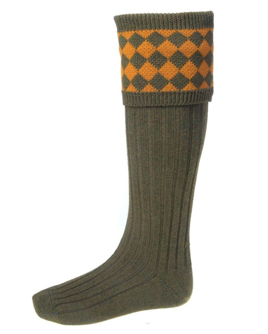 Bracken Coloured House of Cheviot Chessboard Socks On A White Background #colour_bracken