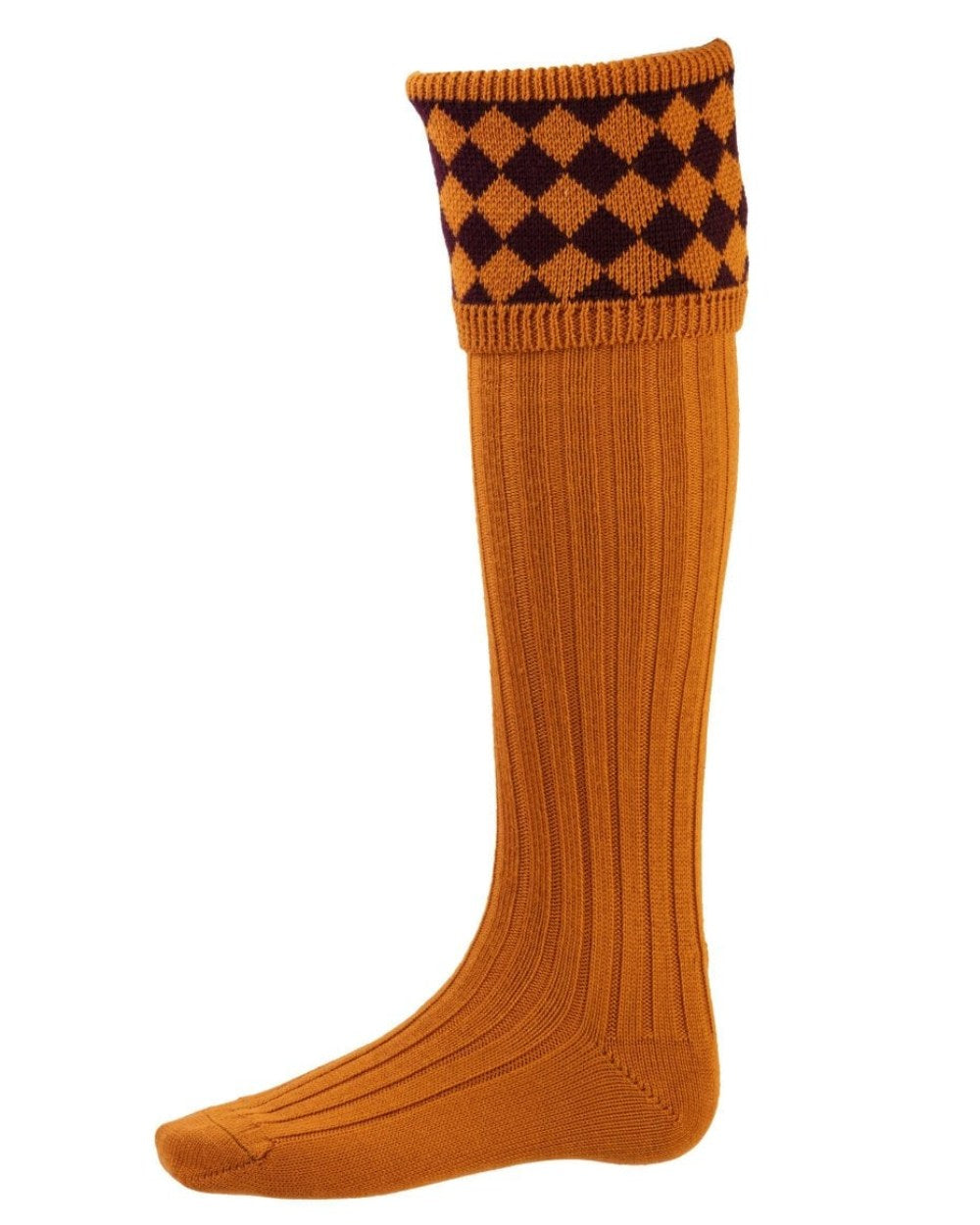 Ochre Coloured House of Cheviot Chessboard Socks On A White Background #colour_ochre