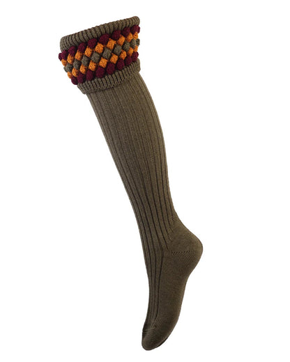Dark Olive coloured House of Cheviot Lady Angus Shooting Socks on white background #colour_dark-olive