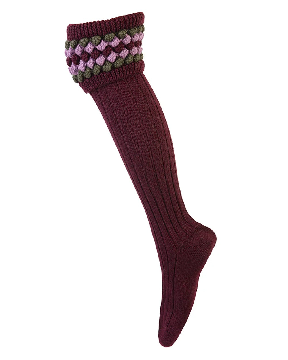 Mulberry coloured House of Cheviot Lady Angus Shooting Socks on white background #colour_mulberry