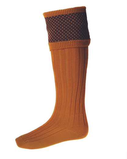 Ochre coloured House of Cheviot Tayside Socks on white background #colour_ochre