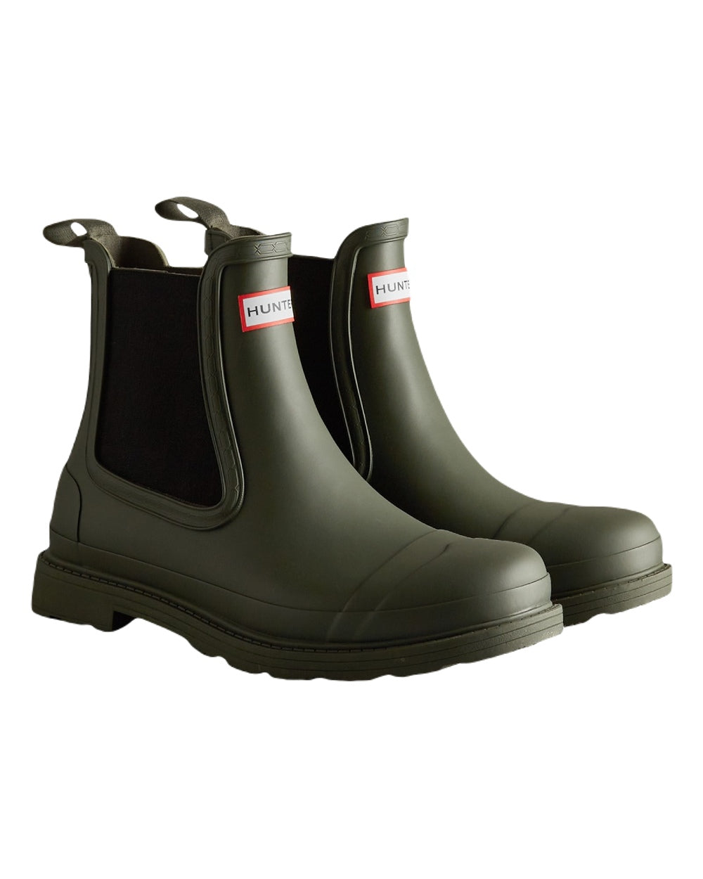 Dark Olive Coloured Hunter Mens Commando Chelsea Boots on White Background
#colour_dark-olive
