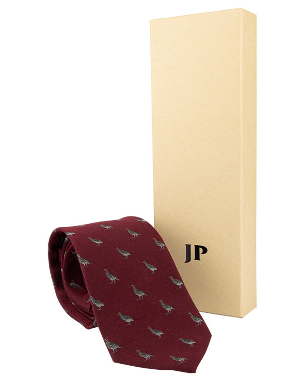 Burgundy coloured Jack Pyke Silk Tie Partridge on white background #colour_burgundy