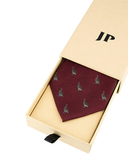 Burgundy coloured Jack Pyke Silk Tie Partridge on white background #colour_burgundy