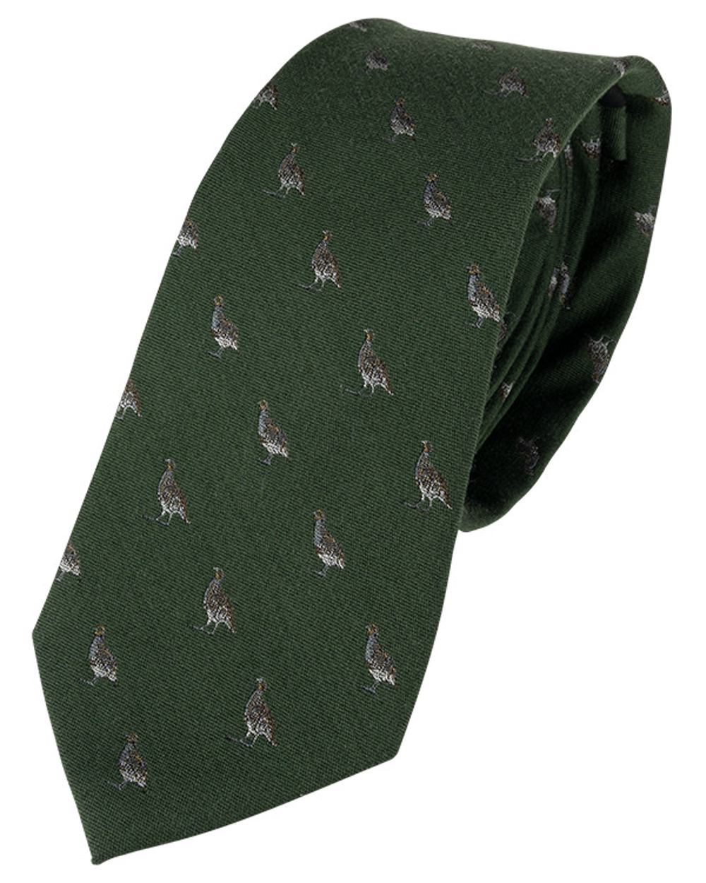 Green coloured Jack Pyke Silk Tie Partridge on white background #colour_green