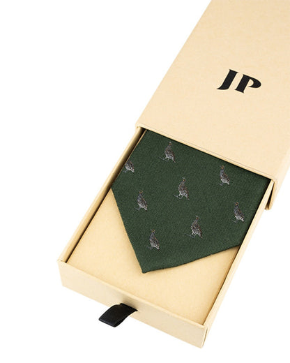 Green coloured Jack Pyke Silk Tie Partridge on white background #colour_green