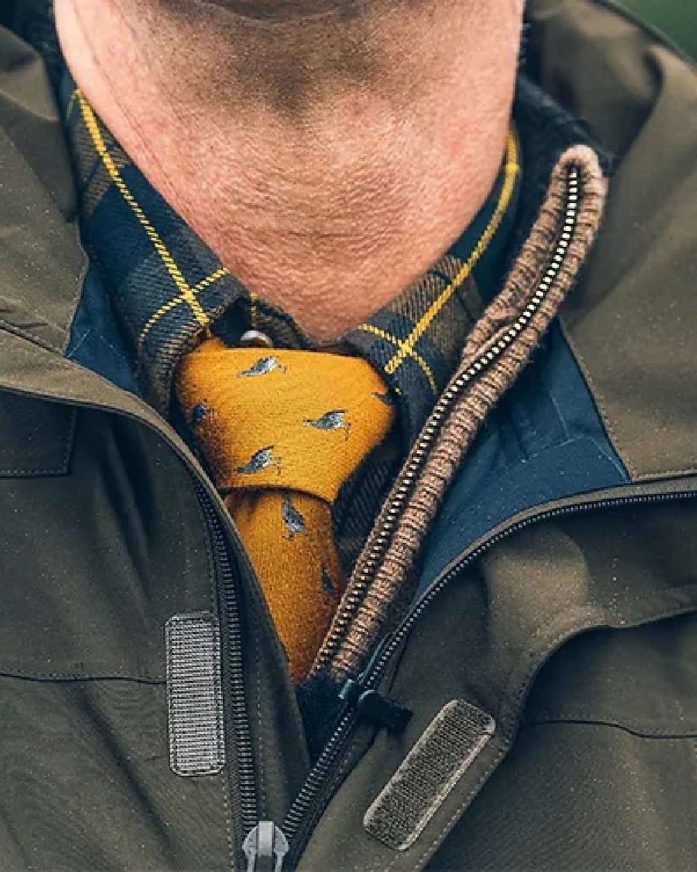 Mustard coloured Jack Pyke Silk Tie Partridge on blurry background #colour_mustard