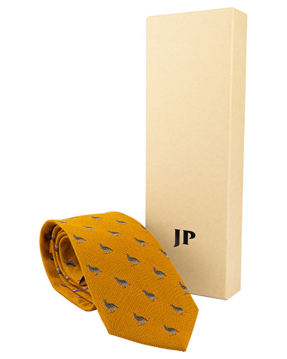 Mustard coloured Jack Pyke Silk Tie Partridge on white background #colour_mustard