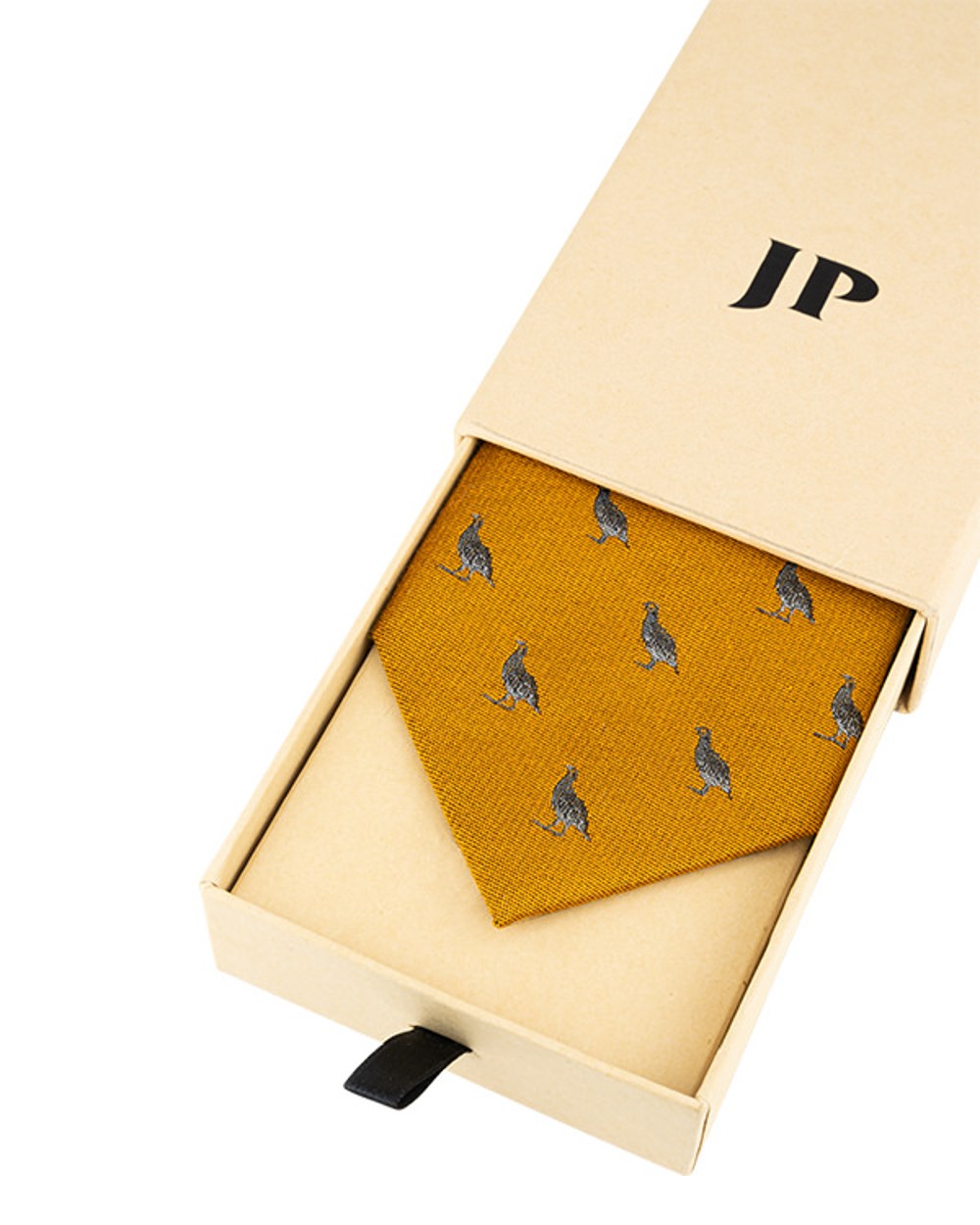 Mustard coloured Jack Pyke Silk Tie Partridge on white background #colour_mustard
