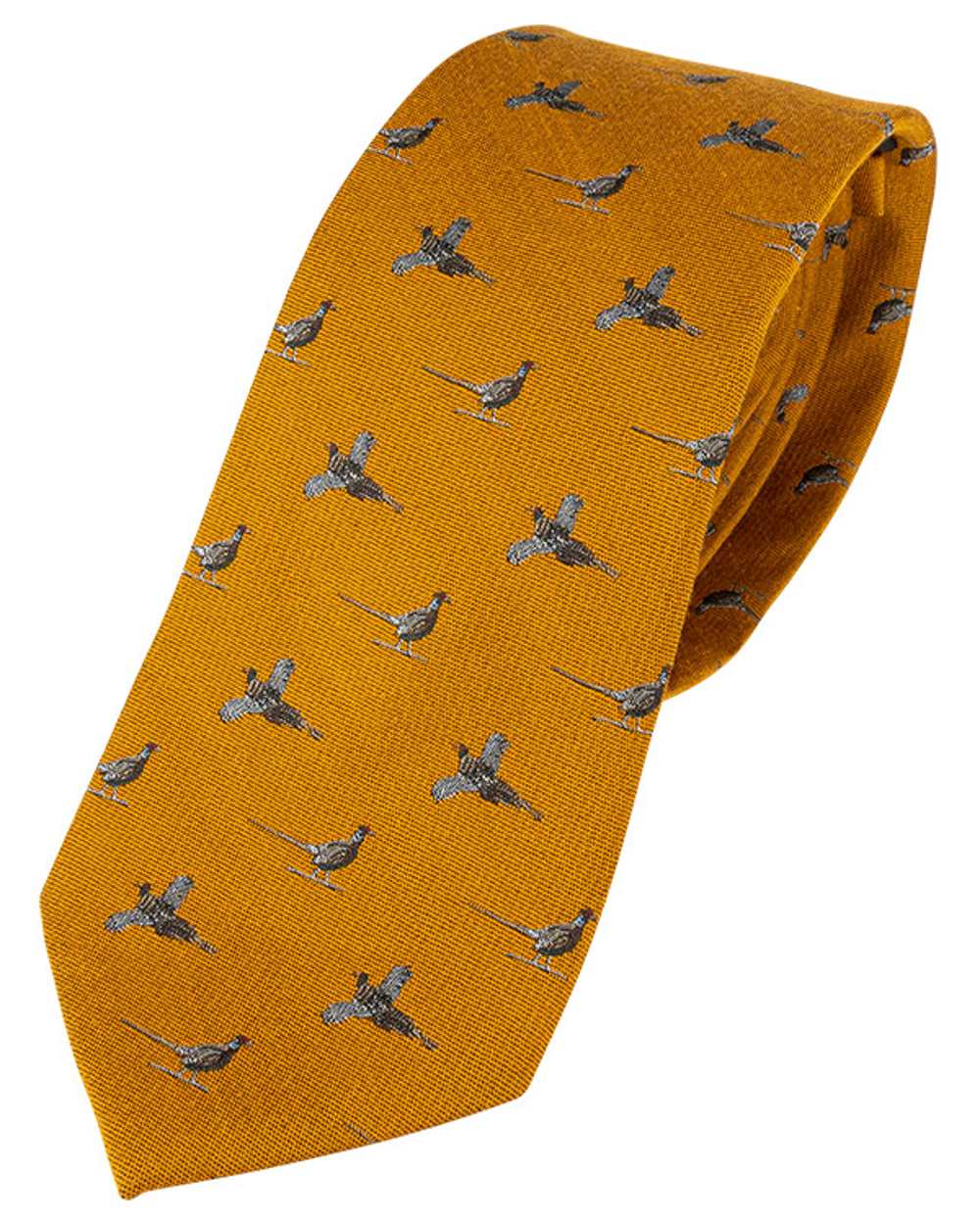 Mustard coloured Jack Pyke Silk Tie Pheasant on white background #colour_mustard