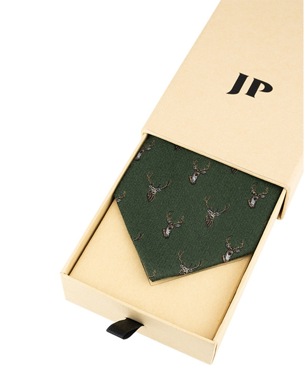 Green coloured Jack Pyke Silk Tie Stag on white background #colour_green