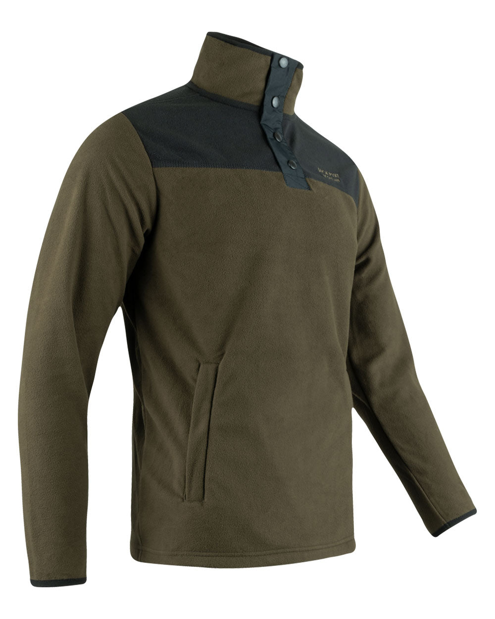 Dark Olive coloured Jack Pyke Snap Neck Fleece Top on White Background #colour_dark-olive