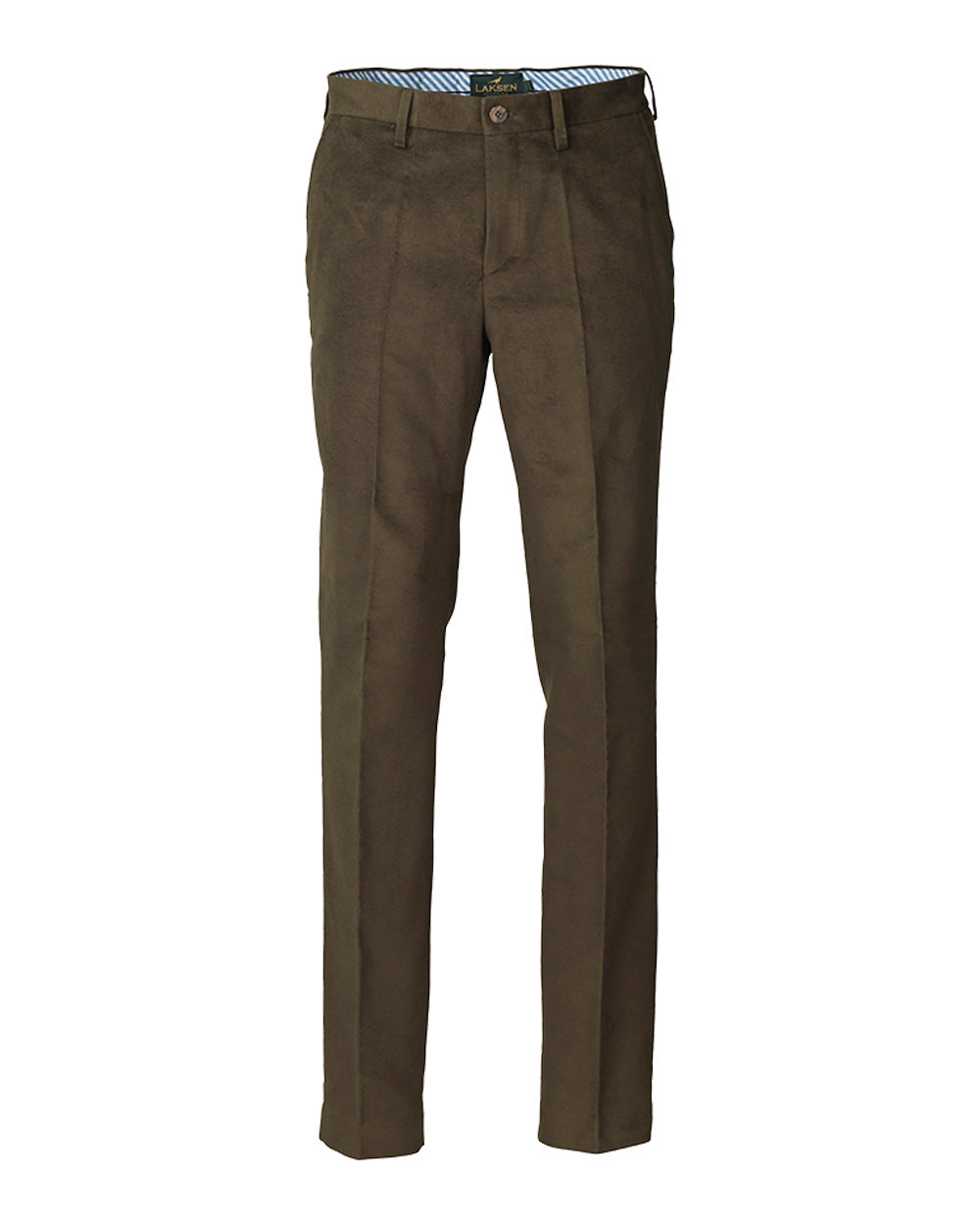 Loden coloured Laksen Belgravia Moleskin Trousers on White Background #colour_loden