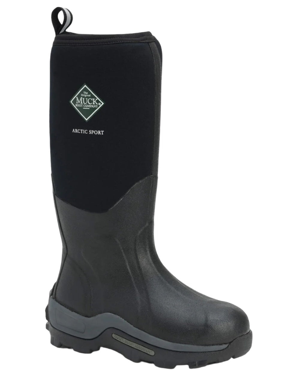 Black Coloured Muck Boots Arctic Sport Tall Wellingtons On A White Background #colour_black