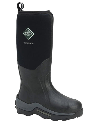 Black Coloured Muck Boots Arctic Sport Tall Wellingtons On A White Background #colour_black