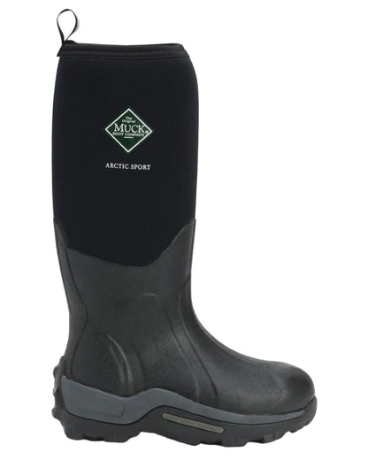 Black Coloured Muck Boots Arctic Sport Tall Wellingtons On A White Background #colour_black