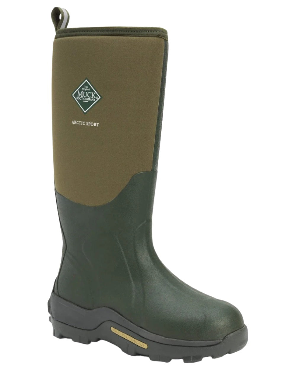 Moss Coloured Muck Boots Arctic Sport Tall Wellingtons On A White Background #colour_moss