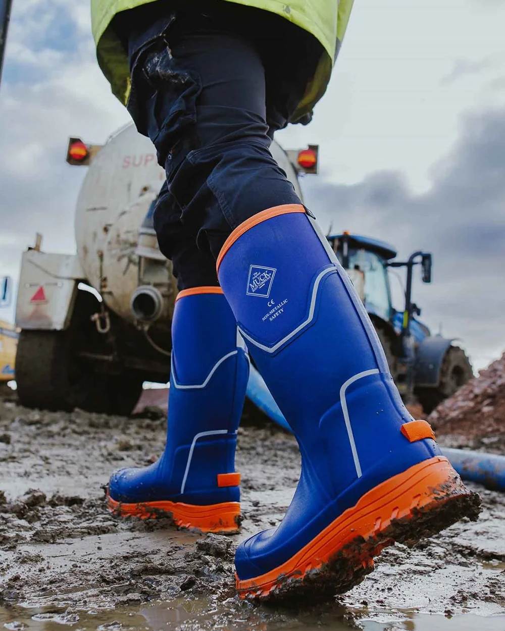 Blue Orange Coloured Muck Boots Mens Grit S5 Tall Boots on Outdoor Background
#colour_blue-orange