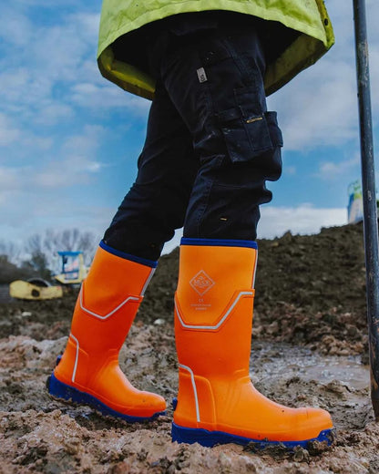 Orange Blue Coloured Muck Boots Mens Grit S5 Tall Boots on Outdoor Background
#colour_orange-blue