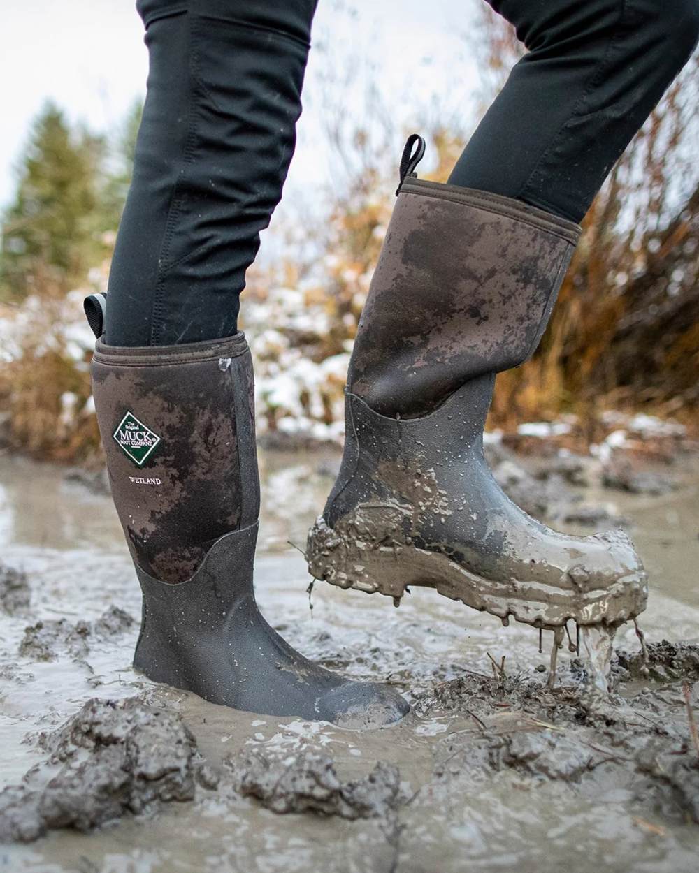 Bark Coloured Muck Boots Womens Wetland Tall Wellingtons On A Mud Background #colour_bark