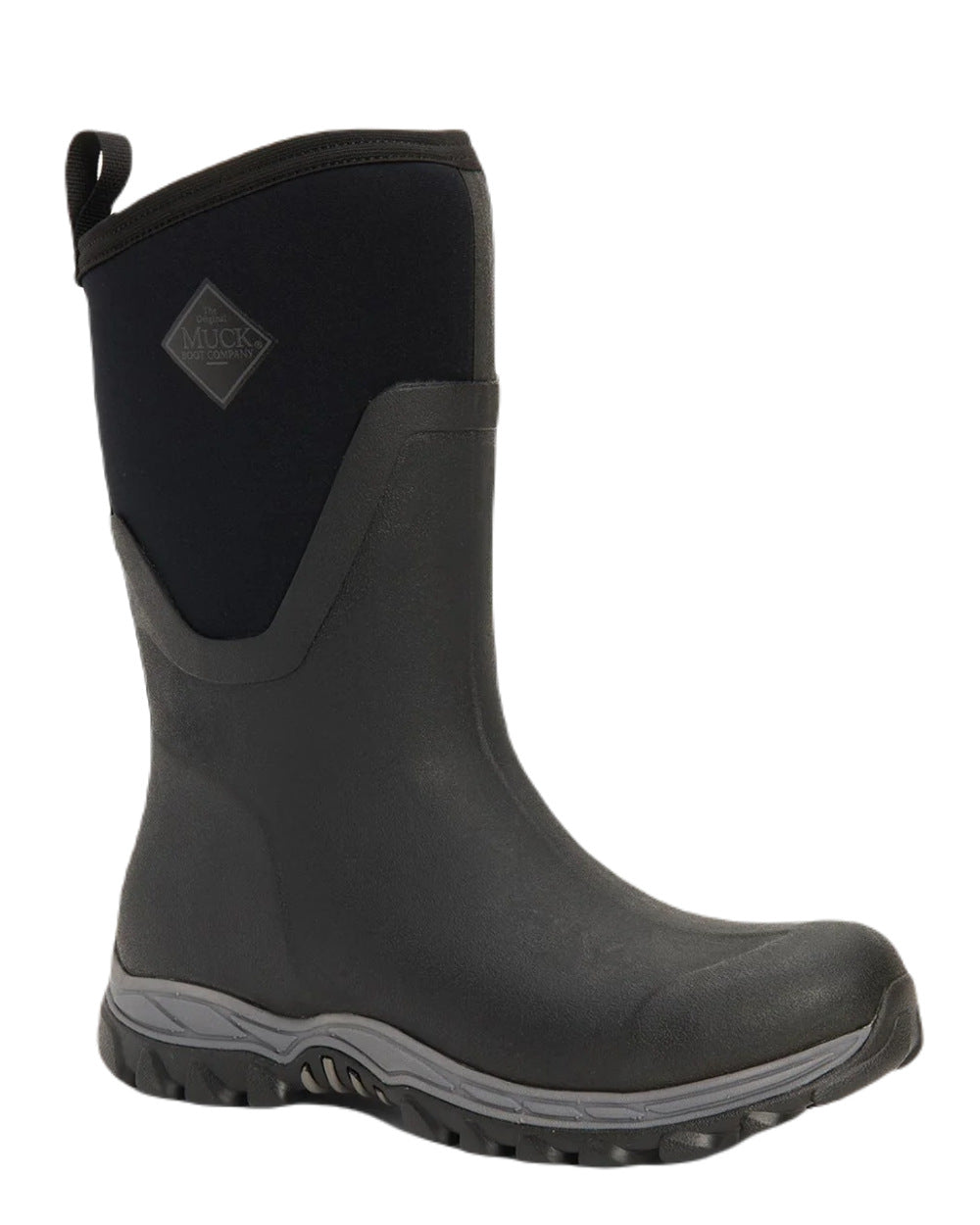 Black Coloured Muck Boots Womens Arctic Sport II Mid Wellingtons On A White Background #colour_black