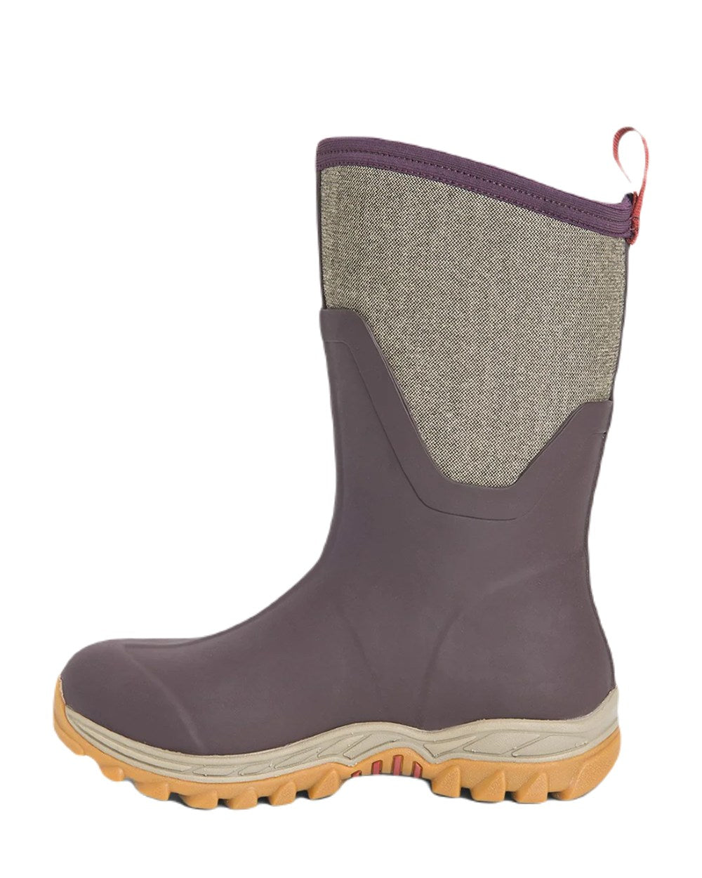 Wine Herringbone Print Coloured Muck Boots Womens Arctic Sport II Mid Wellingtons On A White Background #colour_wine-herringbone-print