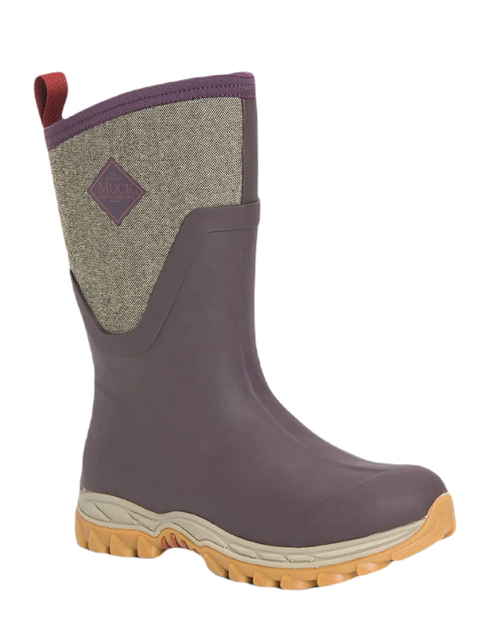 Wine Herringbone Print Coloured Muck Boots Womens Arctic Sport II Mid Wellingtons On A White Background #colour_wine-herringbone-print