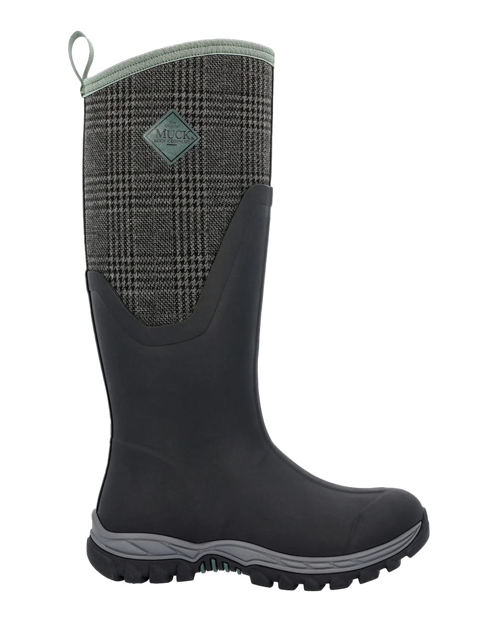 Black Plaid Print Muck Boots Womens Artic Sport II Tall Wellingtons on White background #colour_plaid-print