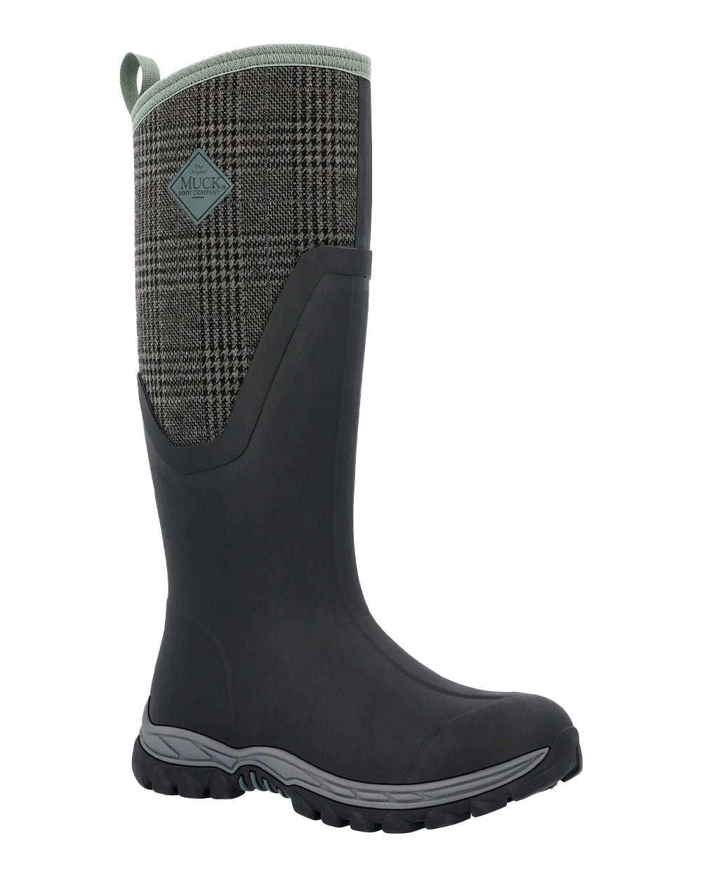 Black Plaid Print Muck Boots Womens Artic Sport II Tall Wellingtons on White background #colour_plaid-print
