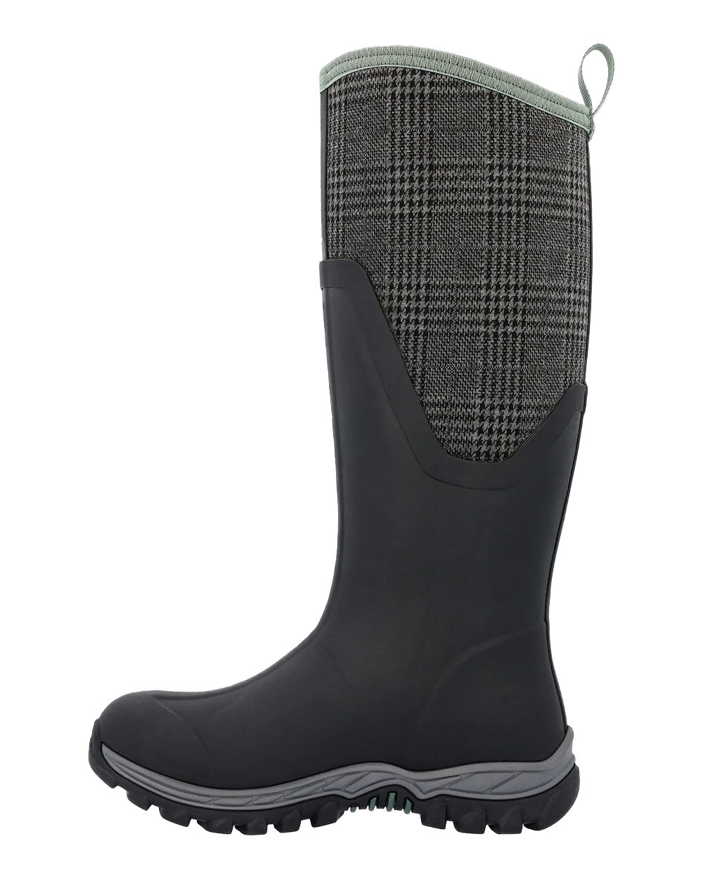 Black Plaid Print Muck Boots Womens Artic Sport II Tall Wellingtons on White background #colour_plaid-print