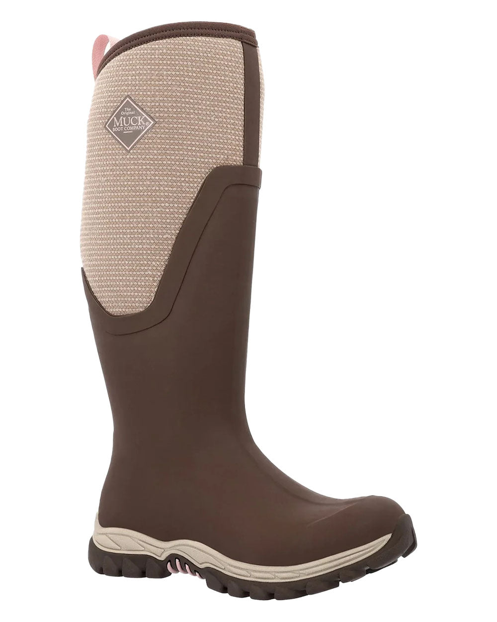 Chocolate Brown Walnut Woven Muck Boots Womens Artic Sport II Tall Wellingtons on White background #colour_brown