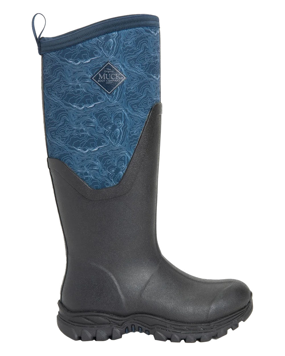 Navy Topography Muck Boots Womens Artic Sport II Tall Wellingtons on White background #colour_topo-navy
