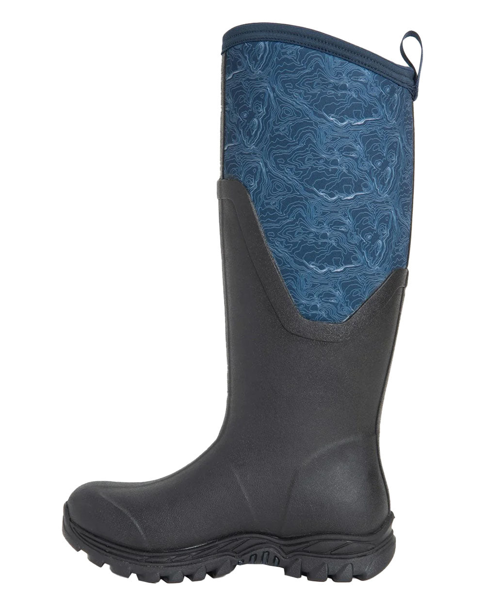 Navy Topography Muck Boots Womens Artic Sport II Tall Wellingtons on White background #colour_topo-navy