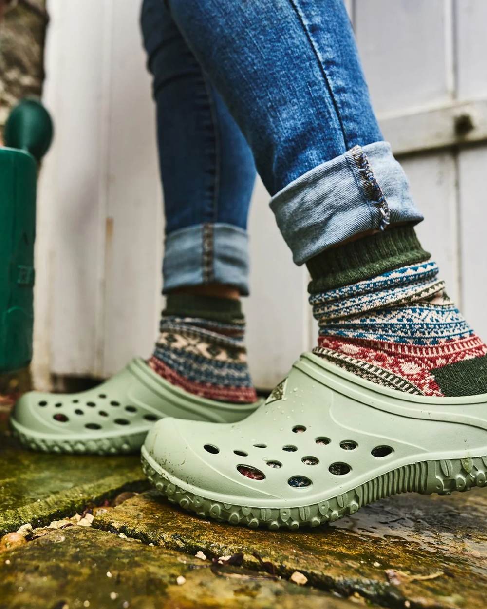 Resida Green Coloured Muck Boots Womens Muckster Lite Clogs On A Street Background #colour_resida-green