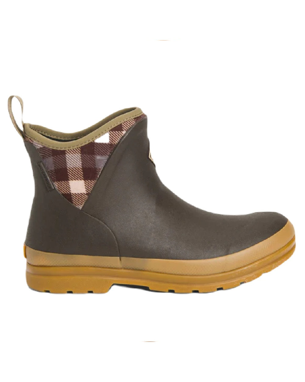 Brown Plaid Print Coloured Muck Boots Womens Originals Pull-On Ankle Boots On A White Background #colour_brown-plaid-print