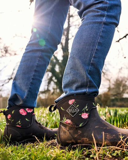 Peony Roses Coloured Muck Boots Women's RHS Muckster II Ankle Boots on Outdoor Background
#colour_peony-roses