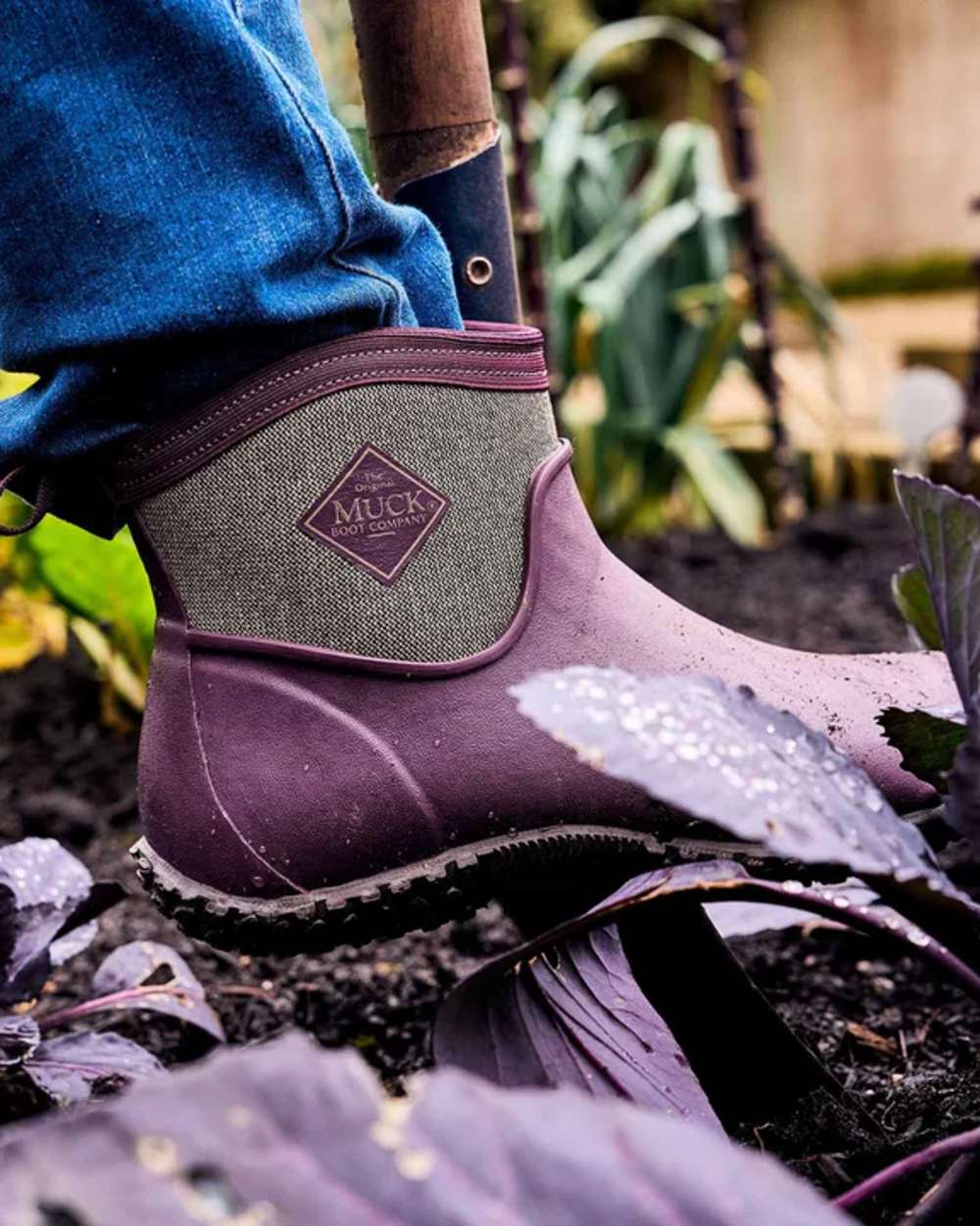 Wine Herringbone Print Coloured Muck Boots Women's RHS Muckster II Ankle Boots on Outdoor Background
#colour_wine-herringbone-print